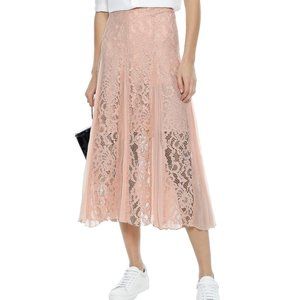 Sandro Polina Pleated Crepe De Chine-paneled Lace Midi Skirt Blush